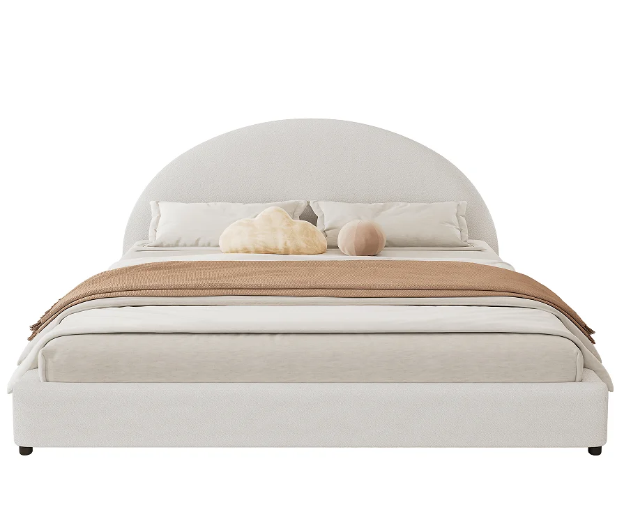 Hd71d3d5c176549779bd027b591e1e8b16.webp Goldoma adjustable bed frame king with soft boucle upholstered curved headboard and eco-friendly wood frame in a modern bedroom