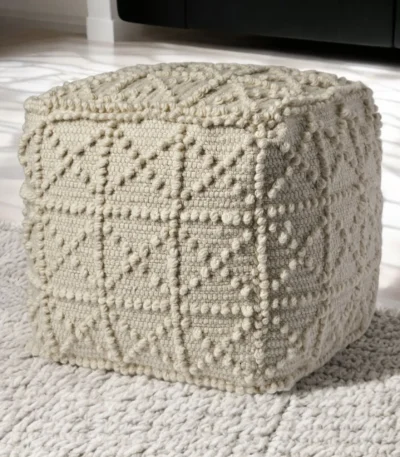 Goldoma 18 inch ivory wool knubby geometric cube pouf ottoman with leather handle