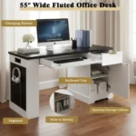 Modern Solid Wood Fluted Office Desk Storage Cabinet Drawers Eco-Friendly Adjustable Height Computer Writing Desk Power