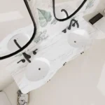 Spacious white double sink vanity in a well-lit bathroom, 48 inch, with storage drawers and doors.
