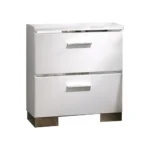 Modern white high gloss nightstand with chrome handles and two drawers