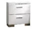 Modern nightstand with high gloss lacquer and chrome handles in a stylish bedroom