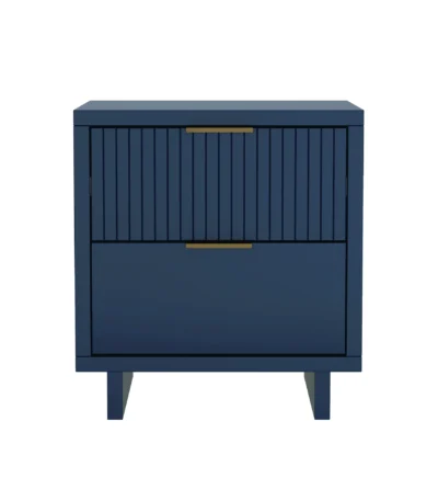 Midnight blue minimalist nightstand with wooden legs and gold handles in a modern bedroom
