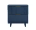 Midnight blue nightstand with wooden legs and gold handles in a cozy bedroom setting