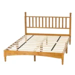 Queen size wood bed frame with headboard in rustic oak finish