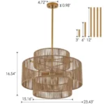 Boho Hand Woven Rattan Chandelier, UL listed Large Pendant Light for Kitchen Island Dining Room Living Room – styled in a