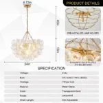 Elegant glass globe chandelier with brass accents in a modern living room