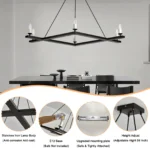 Black pendant light over a kitchen island, with stools and rustic decor, highlighting the fixture's simple design.