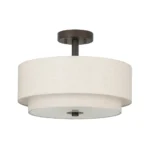 Semi flush 2-tier fabric ceiling pendant light in beige, hanging in a living room with soft natural light.