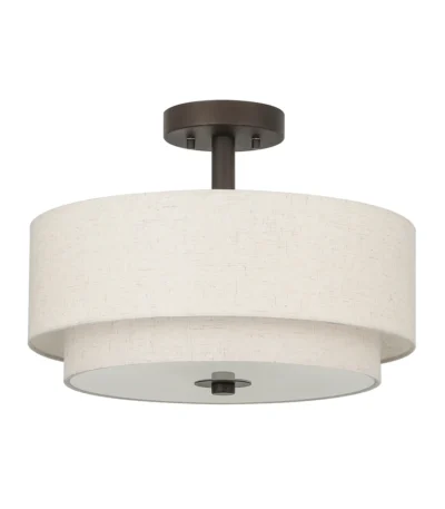 Semi flush 2-tier fabric ceiling pendant light in beige, hanging in a living room with soft natural light.