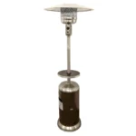 Close-up of the silver steel pole and burner head of the Goldoma 48000 BTU propane patio heater