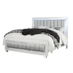 Goldoma LED queen bed with tufted padded headboard, white finish, and storage drawers
