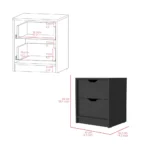 Two drawer nightstand with black wengue finish next to a bed