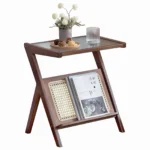 Boho rattan nightstand with glass top and bamboo accents, featuring a woven storage shelf, ideal for bedside or small spaces.