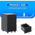 Black FCJ Fully Assembled Mobile Metal File Cabinet 2 Drawer Vertical Lock Wheels Letter Size Office Storage for Desk Office