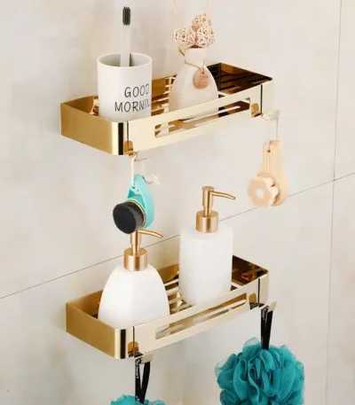 Bathroom Shelf Bath Storage Holder Wall Mounted Gold Stainless Steel Square Bath Shower Shelf Bath Shampoo Holder Corner