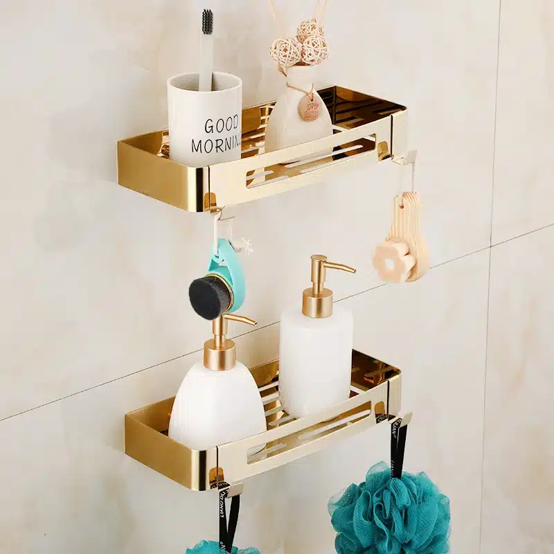 Bathroom Shelf Bath Storage Holder Wall Mounted Gold Stainless Steel Square Bath Shower Shelf Bath Shampoo Holder Corner