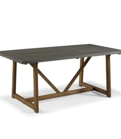 Modern farmhouse solid wood V-frame trestle dining table in grey and brown finish