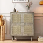 4-Doors Wabi-Sabi Style MDF Rattan Mesh Storage Cabinet Eight Storage Spaces Sideboard for Entryway Living Room Hallway (Grey)