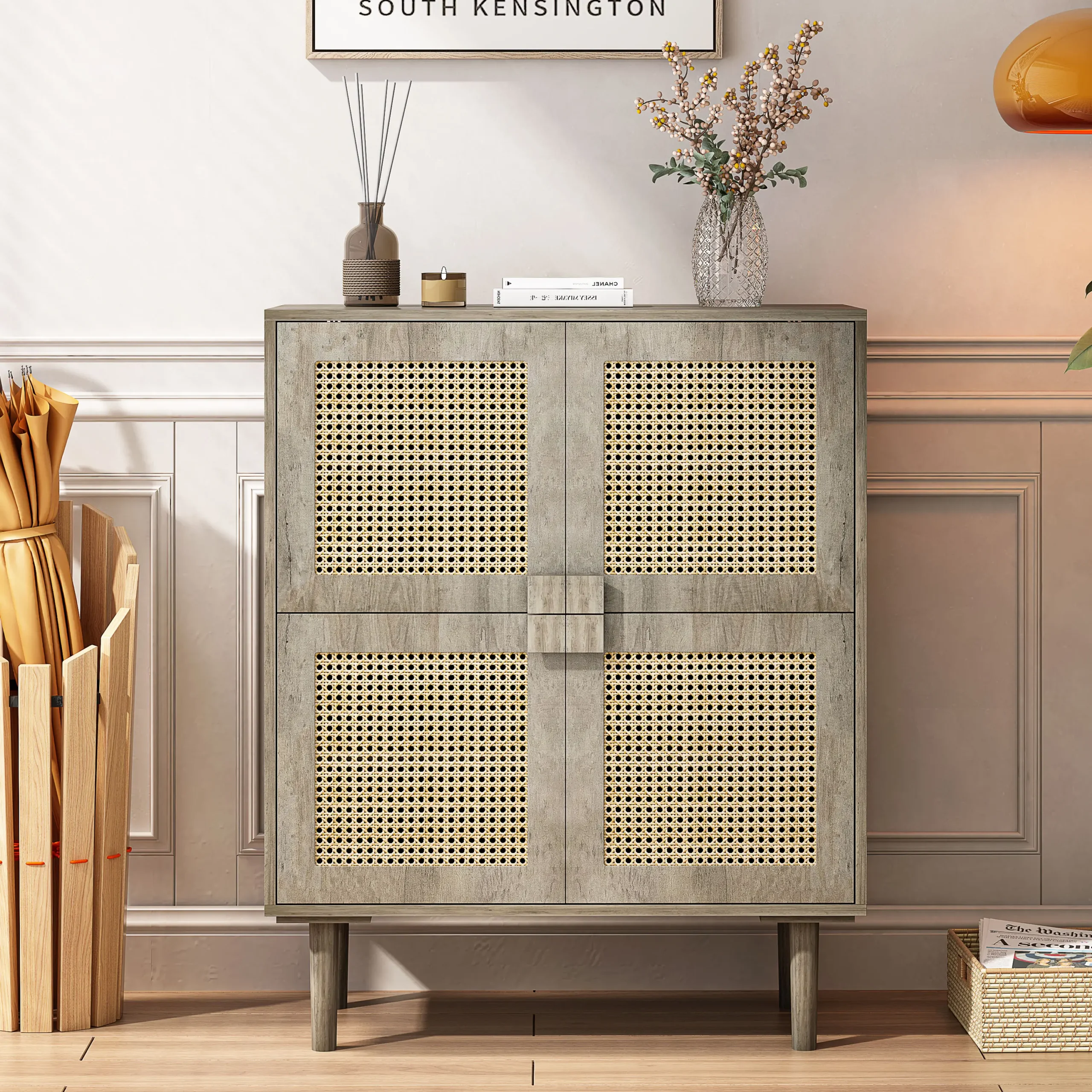 Hd8a68d8a923d4688b3a4f201fe312656L.webp 4-Doors Wabi-Sabi Style MDF Rattan Mesh Storage Cabinet Eight Storage Spaces Sideboard for Entryway Living Room Hallway (Grey) - Image 1