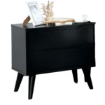 Mid century modern black nightstand with two drawers and round tapered legs, solid wood construction for bedroom storage
