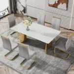 Modern square stone dining table with white marble glass top and gold metal legs in a contemporary dining room