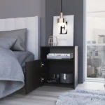 Modern black nightstand with one cabinet and open shelf, compact bedside storage for bedroom