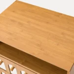Two drawer nightstand with mirrored front and open shelf in natural wood finish, minimalist design for bedroom storage