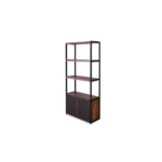 HMS Traditional Three-Tier Bookshelf in Brown and Black Metal Two-Door Book Storage for Home Office or Workshop Use