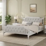 Goldoma queen bed frame with tufted headboard in solid oak wood and velvet upholstery