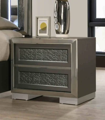 Goldoma contemporary 2-drawer wood nightstand with gold caps in bedroom setting