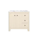A fully assembled bathroom vanity with sink, placed under a mirror, in a modern home bathroom.