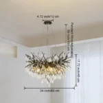 Modern black crystal chandelier with tree branch design in a living room