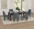 Harry modern wood dining table in brown acacia wood with rectangular top and trestle base