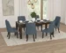 Harry modern wood dining table in brown acacia wood with rectangular top and trestle base
