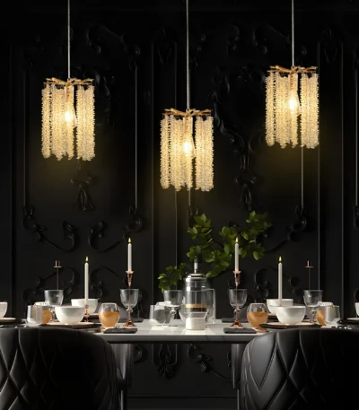 Golden mini crystal chandelier pendant light illuminating a kitchen island with modern luxury style.