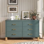 6-drawer double dresser in blue modern finish with solid wood legs and metal handles - Goldoma