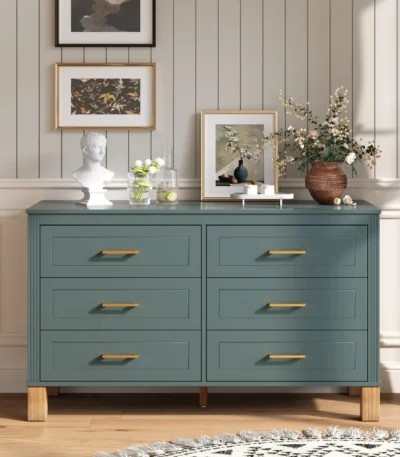 6-drawer double dresser in blue modern finish with solid wood legs and metal handles - Goldoma