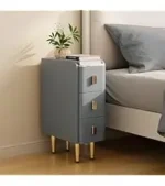 Beige leather narrow nightstand with drawers and stone top, perfect as a small bedside table