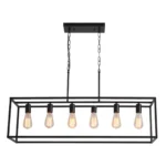 Black rectangular chandelier illuminating a cozy living room with neutral decor