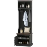 Goldoma 3-in-1 entryway storage bench with coat rack and shoe organizer in black wood grain finish