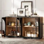 4-Door Large Storage Sideboard Buffet Cabinet with Glass Doors Arched Cabinet with Adjustable Shelves for Kitchen - Image 2