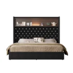 Queen size velvet tufted storage bed frame with 52-inch headboard, USB port and night light in a modern bedroom