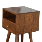 Solid Wood Mini Nightstand with Drawer and Open Shelf - Chestnut Brown – base detail