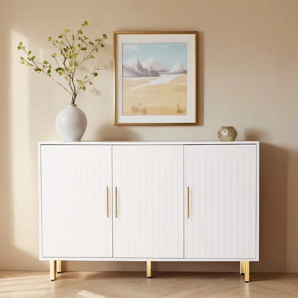 Hdab00e92c6c24be8b70d2e2ad36265786.webp 3-Door Large Storage Modern Eco-Friendly Sideboard with Gold Handles for Kitchen Dining Living Rooms-White Buffet Cabinet - Image 1