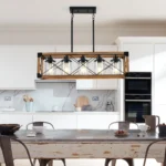 Ship From USA,32" Walnut Industrial Farmhouse Rectangle Pendant Light, 5-Light Chandelier with Lampshades (No Bulbs) – side