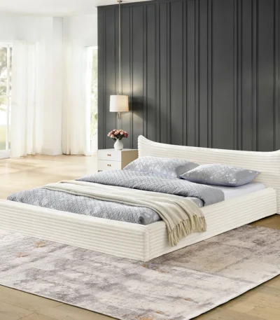 Goldoma adjustable queen bed frame with curved crystal headboard and upholstered wood frame in modern bedroom setting