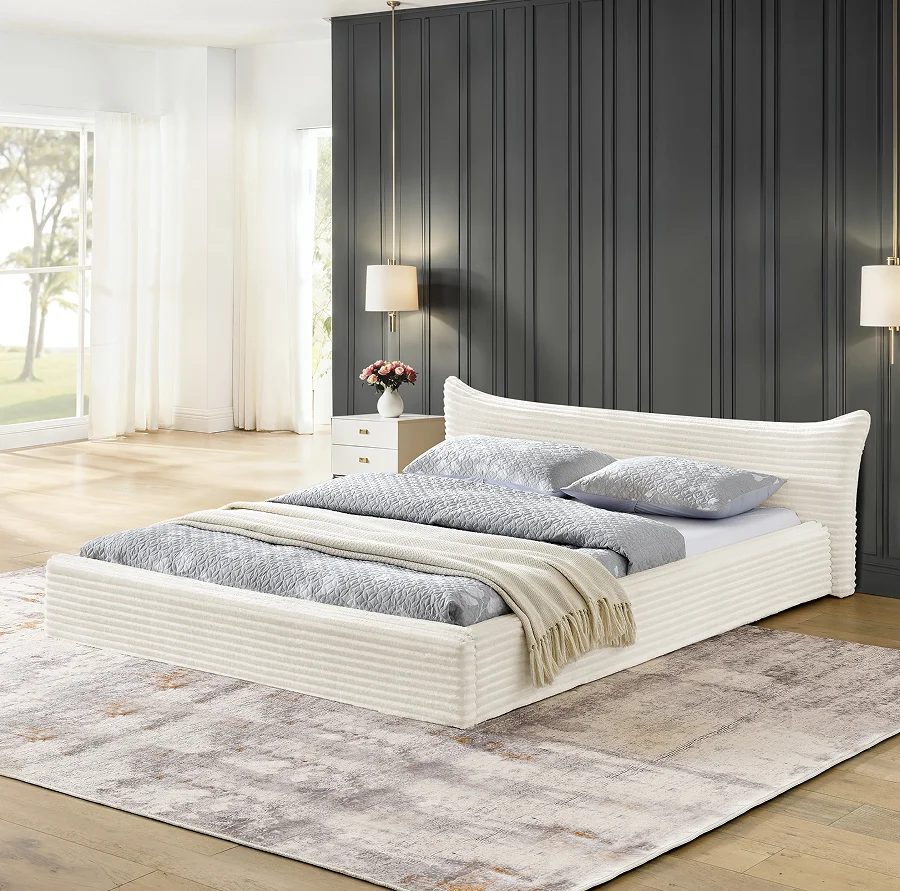 Goldoma Modern Queen Size Adjustable Convertible Upholstered Bed Frame with Curved Headboard and Crystal Accents