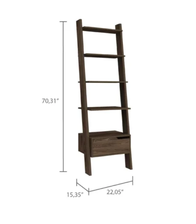 Contemporary Trapezoidal Bookshelf with One Drawer and Five Open Shelves Deep Walnut Wood FCJ for Home Office or Workshop