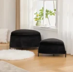 White faux fur storage ottoman set of 2 with metal legs placed in bedroom as footrest and shoe changing stool
